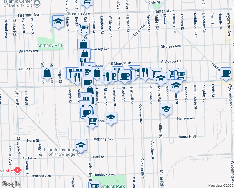 map of restaurants, bars, coffee shops, grocery stores, and more near in Dearborn