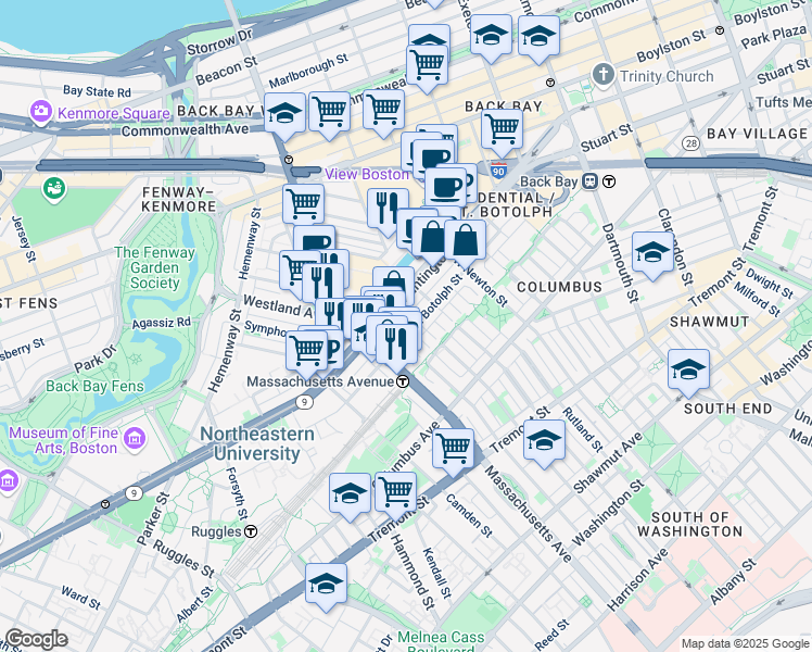 map of restaurants, bars, coffee shops, grocery stores, and more near 200-220 Huntington Avenue in Boston