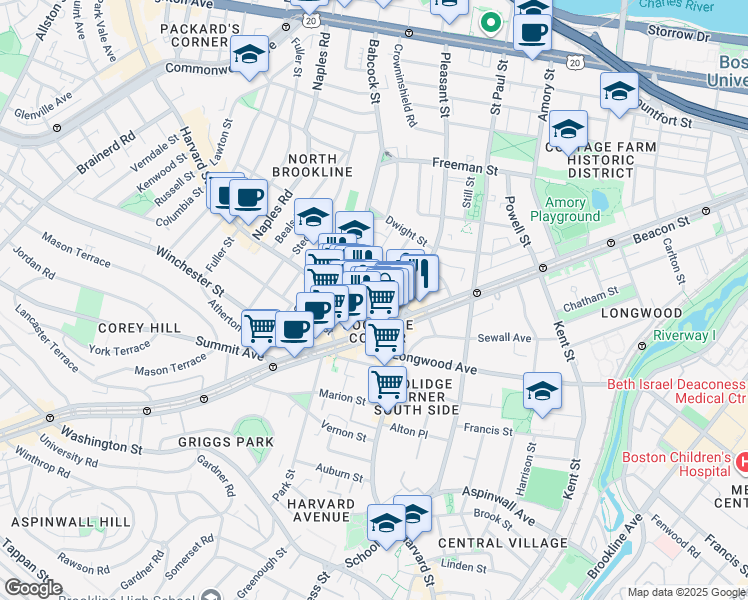 map of restaurants, bars, coffee shops, grocery stores, and more near 26 John Street in Brookline
