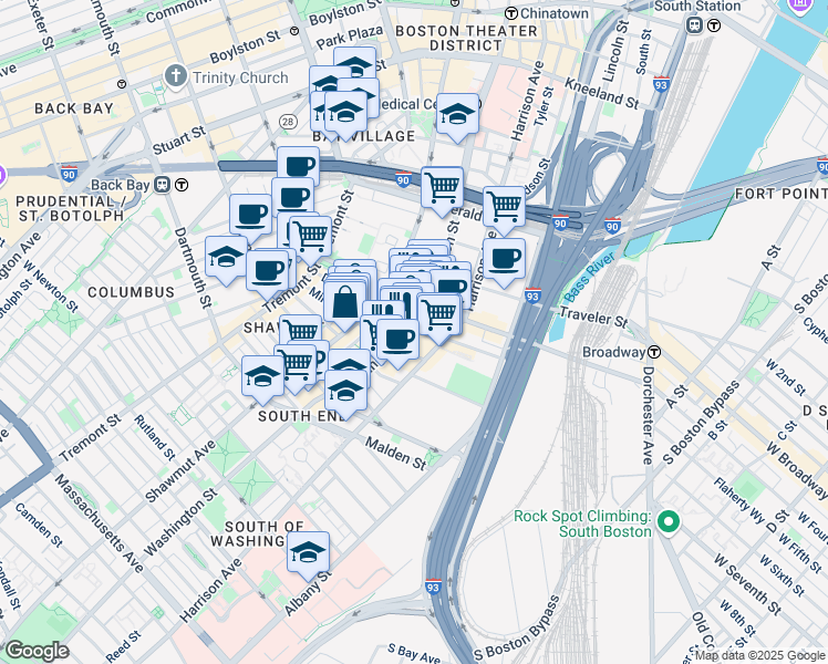 map of restaurants, bars, coffee shops, grocery stores, and more near 40 Fay Street in Boston