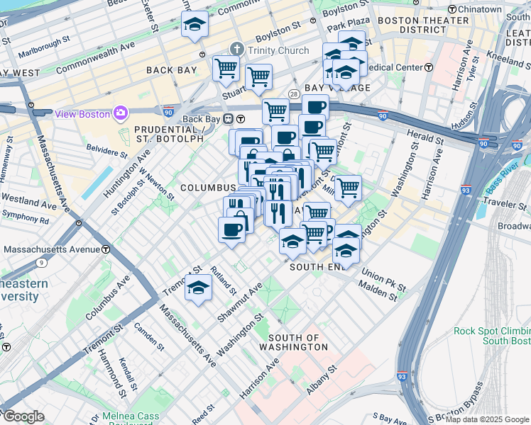 map of restaurants, bars, coffee shops, grocery stores, and more near 7 Dartmouth Street in Boston