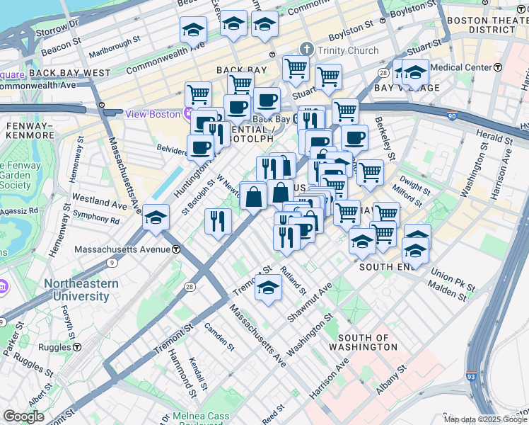 map of restaurants, bars, coffee shops, grocery stores, and more near 141 Pembroke Street in Boston