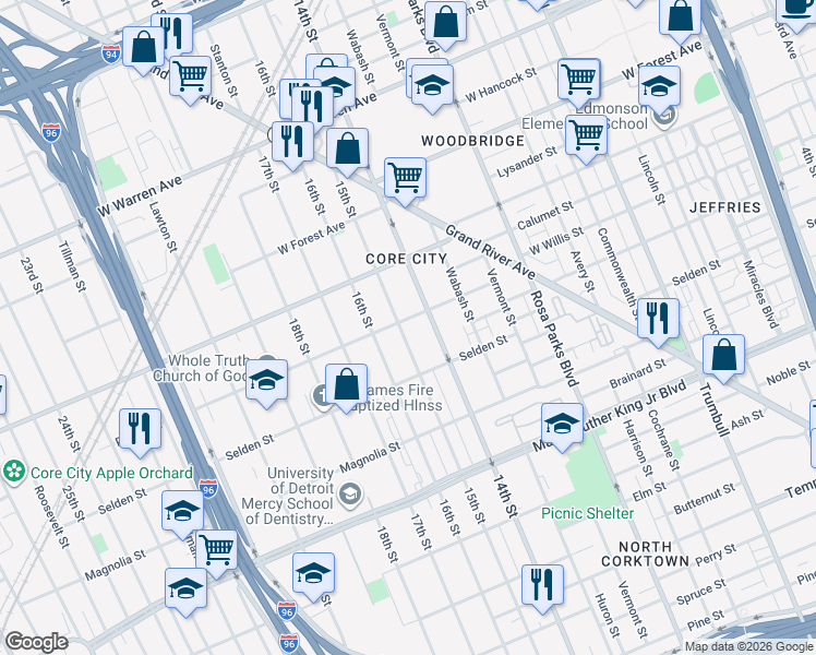 map of restaurants, bars, coffee shops, grocery stores, and more near 4217 15th Street in Detroit