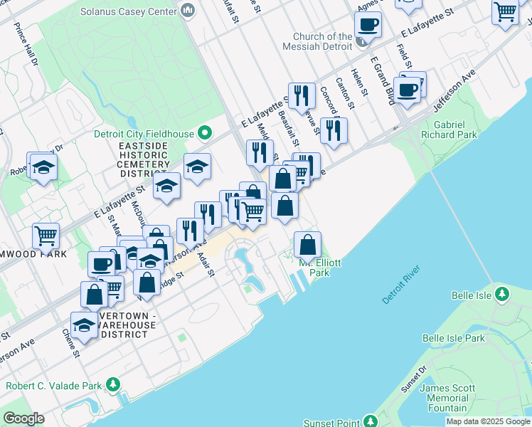 map of restaurants, bars, coffee shops, grocery stores, and more near 6331 East Jefferson in Detroit