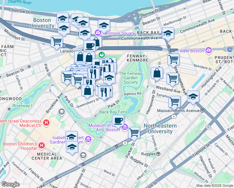 map of restaurants, bars, coffee shops, grocery stores, and more near 11 Queensberry Street in Boston