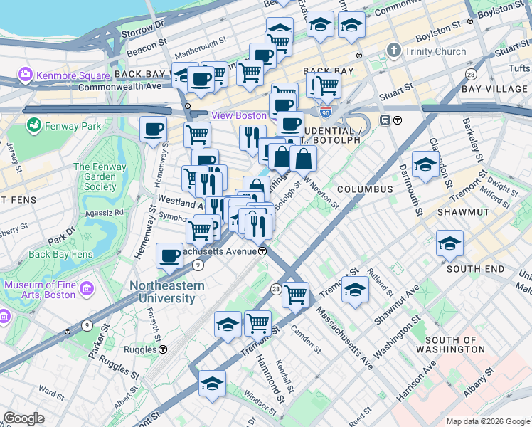 map of restaurants, bars, coffee shops, grocery stores, and more near 179 Saint Botolph Street in Boston