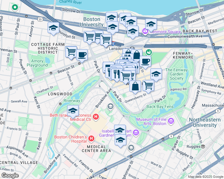 map of restaurants, bars, coffee shops, grocery stores, and more near Park Drive in Boston