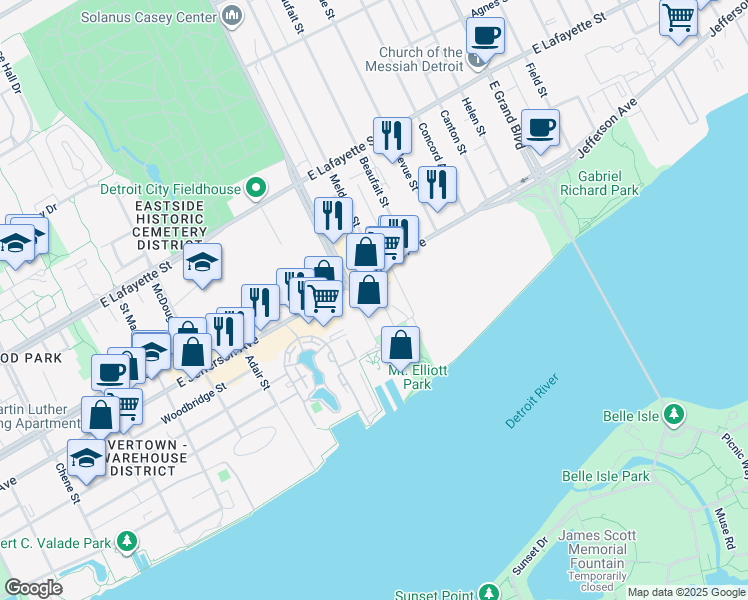map of restaurants, bars, coffee shops, grocery stores, and more near 6400 East Jefferson Avenue in Detroit