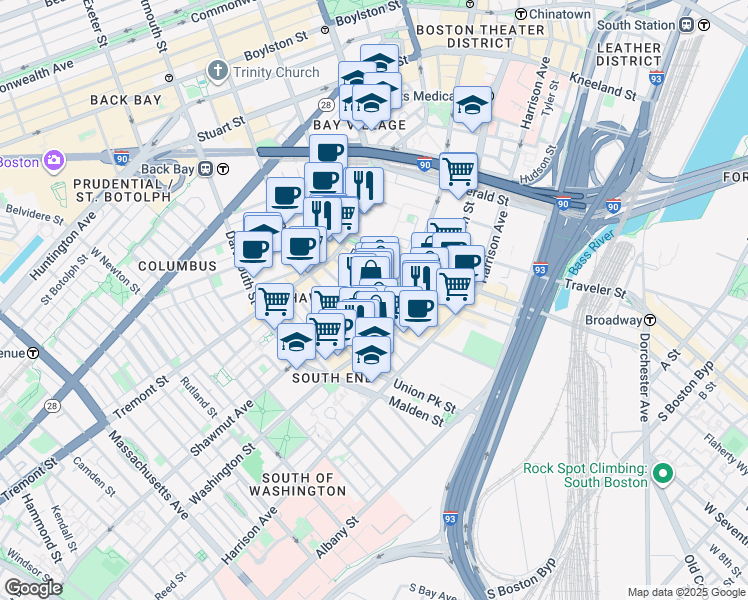 map of restaurants, bars, coffee shops, grocery stores, and more near in Boston