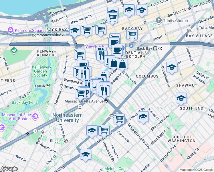 map of restaurants, bars, coffee shops, grocery stores, and more near 200-220 Huntington Avenue in Boston