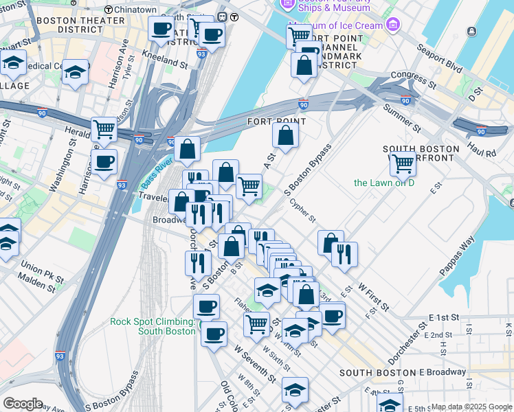 map of restaurants, bars, coffee shops, grocery stores, and more near 105 West First Street in Boston