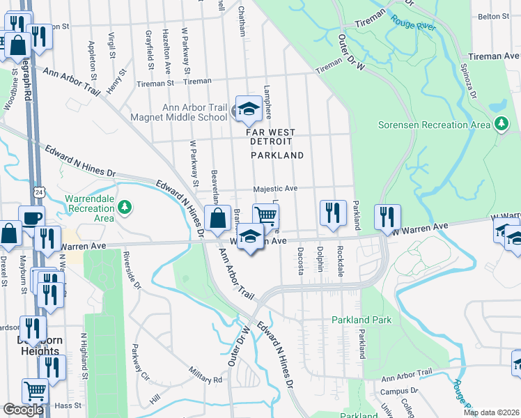 map of restaurants, bars, coffee shops, grocery stores, and more near 7296 Chatham in Detroit