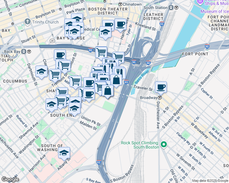 map of restaurants, bars, coffee shops, grocery stores, and more near 255 East Berkeley Street in Boston