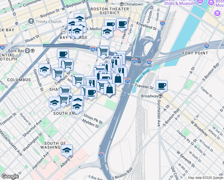 map of restaurants, bars, coffee shops, grocery stores, and more near 219 East Berkeley Street in Boston