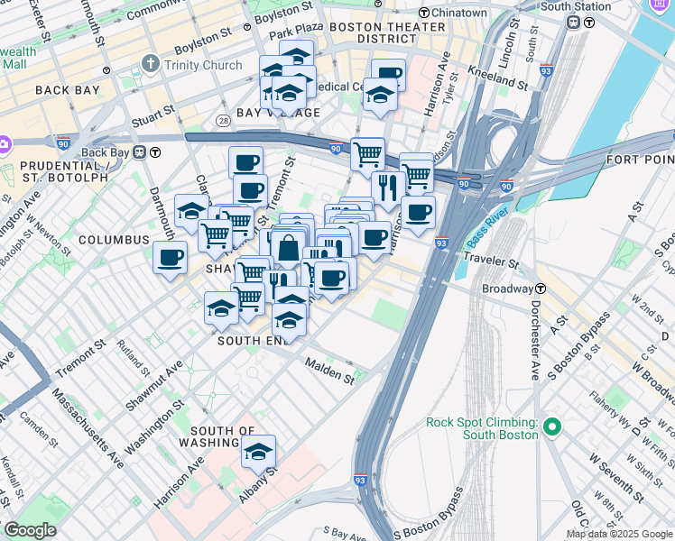 map of restaurants, bars, coffee shops, grocery stores, and more near 230 Shawmut Avenue in Boston