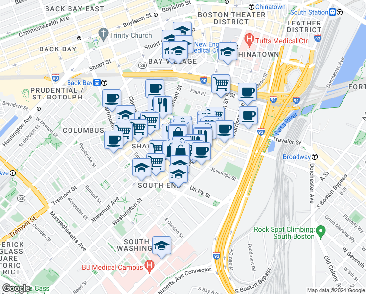 map of restaurants, bars, coffee shops, grocery stores, and more near in Boston