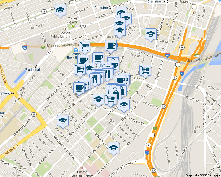 map of restaurants, bars, coffee shops, grocery stores, and more near in Boston