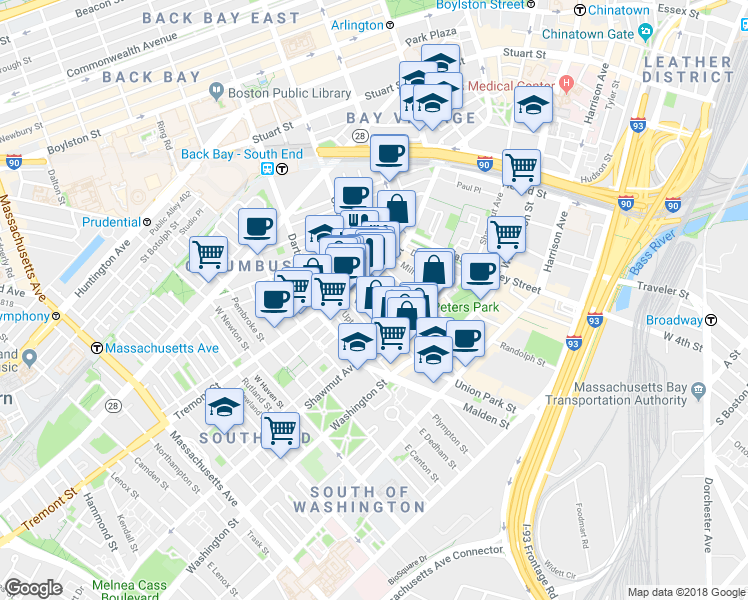 map of restaurants, bars, coffee shops, grocery stores, and more near in Boston