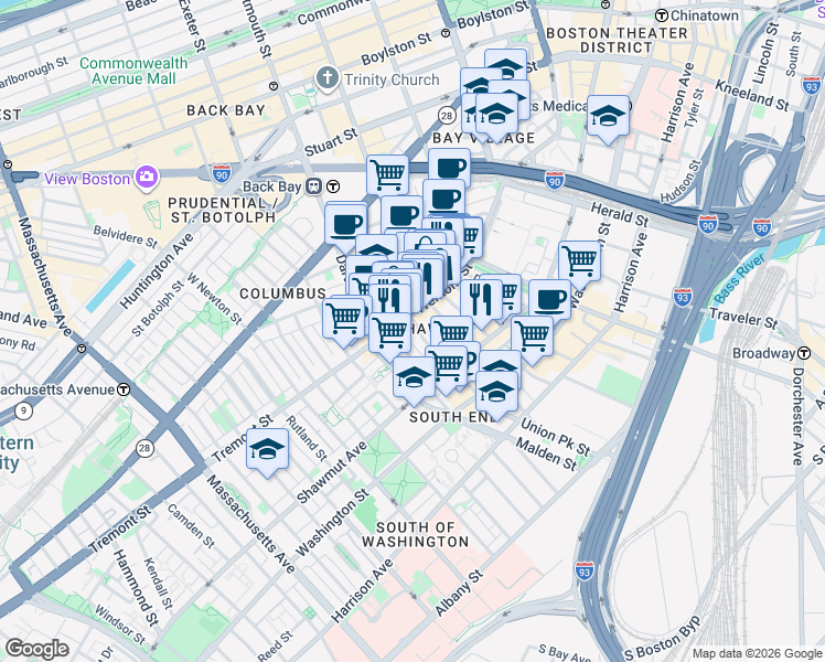 map of restaurants, bars, coffee shops, grocery stores, and more near in Boston