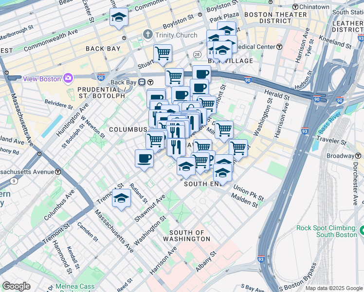 map of restaurants, bars, coffee shops, grocery stores, and more near 585 Tremont Street in Boston