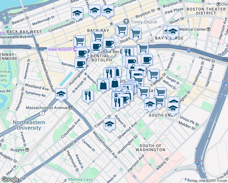 map of restaurants, bars, coffee shops, grocery stores, and more near 141 Pembroke Street in Boston