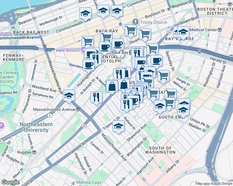 map of restaurants, bars, coffee shops, grocery stores, and more near 141 Pembroke Street in Boston