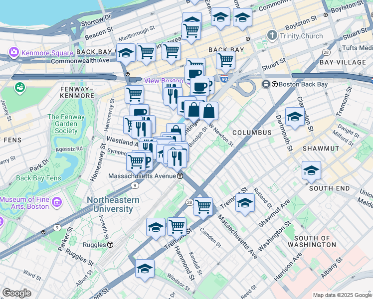 map of restaurants, bars, coffee shops, grocery stores, and more near 200-220 Huntington Avenue in Boston