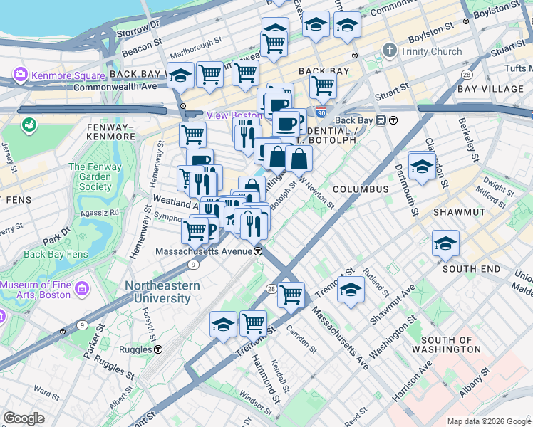 map of restaurants, bars, coffee shops, grocery stores, and more near 200-220 Huntington Avenue in Boston