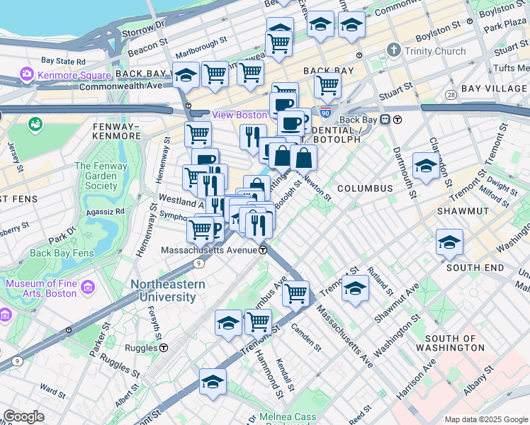 map of restaurants, bars, coffee shops, grocery stores, and more near 200-220 Huntington Avenue in Boston