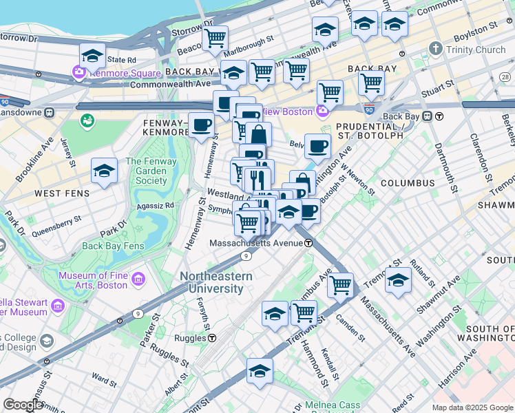 map of restaurants, bars, coffee shops, grocery stores, and more near 279 Massachusetts Avenue in Boston