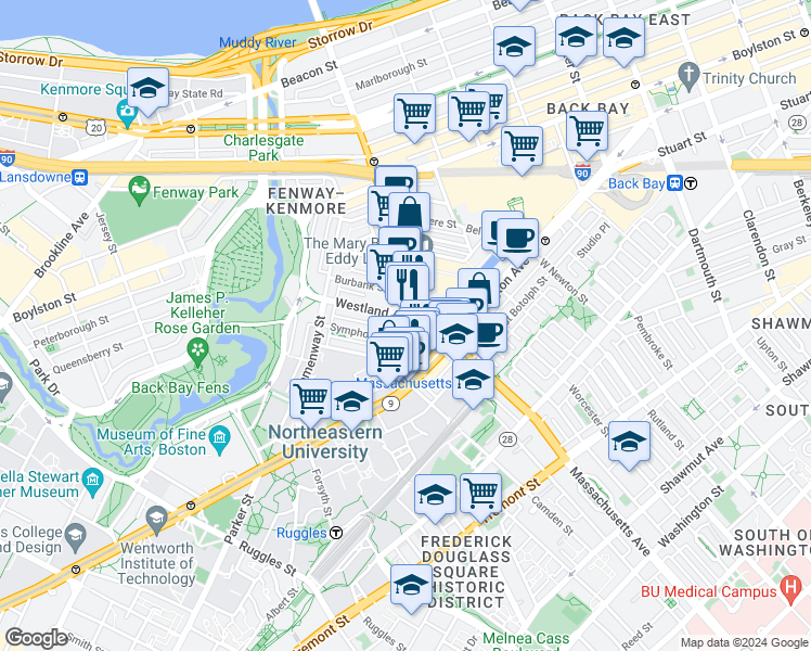 map of restaurants, bars, coffee shops, grocery stores, and more near in Boston
