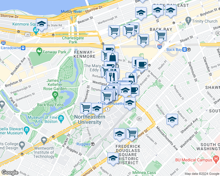 map of restaurants, bars, coffee shops, grocery stores, and more near 279 Massachusetts Avenue in Boston