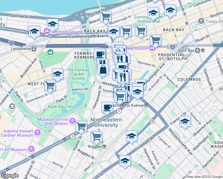 map of restaurants, bars, coffee shops, grocery stores, and more near 29 Symphony Road in Boston