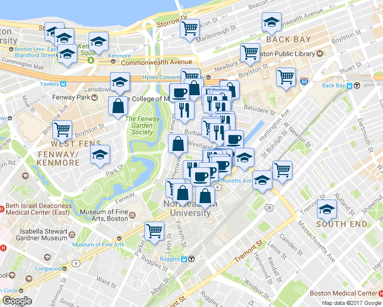 map of restaurants, bars, coffee shops, grocery stores, and more near in Boston