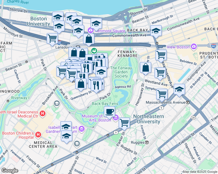 map of restaurants, bars, coffee shops, grocery stores, and more near 11 Queensberry Street in Boston