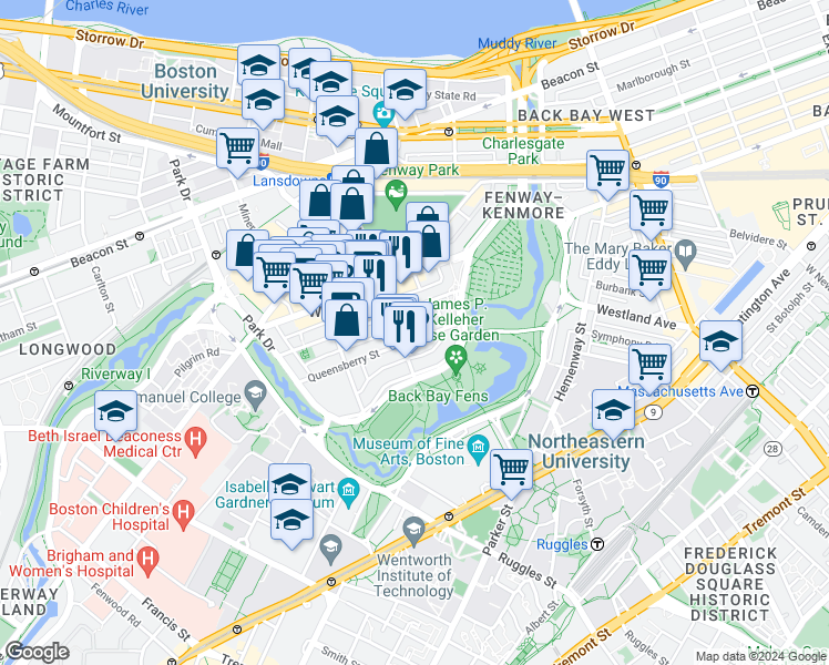 map of restaurants, bars, coffee shops, grocery stores, and more near 119 Jersey Street in Boston