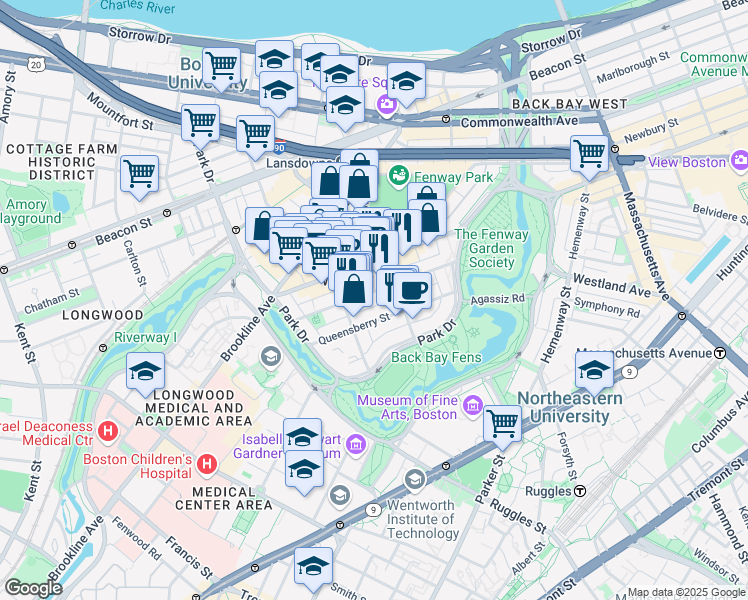 map of restaurants, bars, coffee shops, grocery stores, and more near 85 Peterborough Street in Boston
