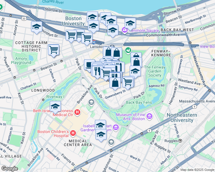 map of restaurants, bars, coffee shops, grocery stores, and more near in Boston