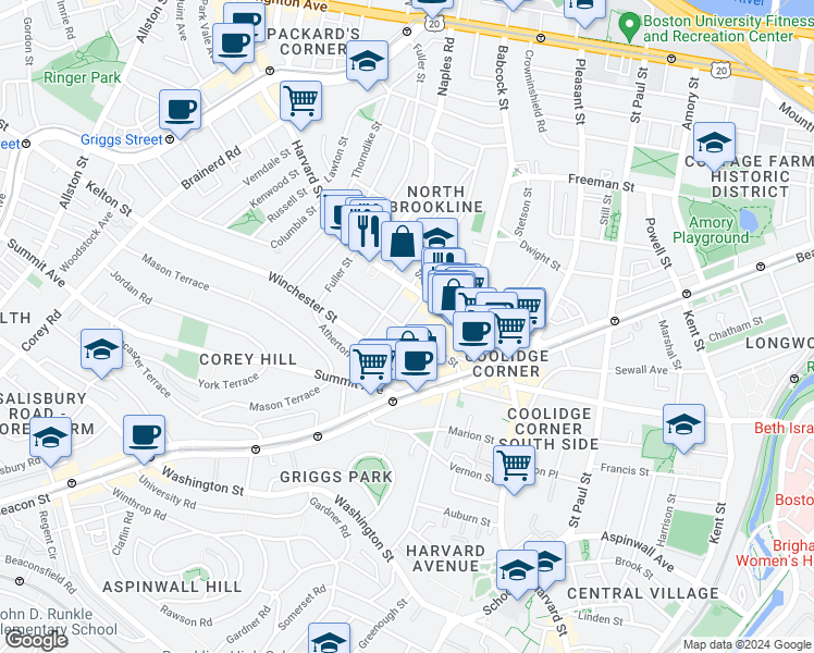map of restaurants, bars, coffee shops, grocery stores, and more near 75 Centre Street in Brookline