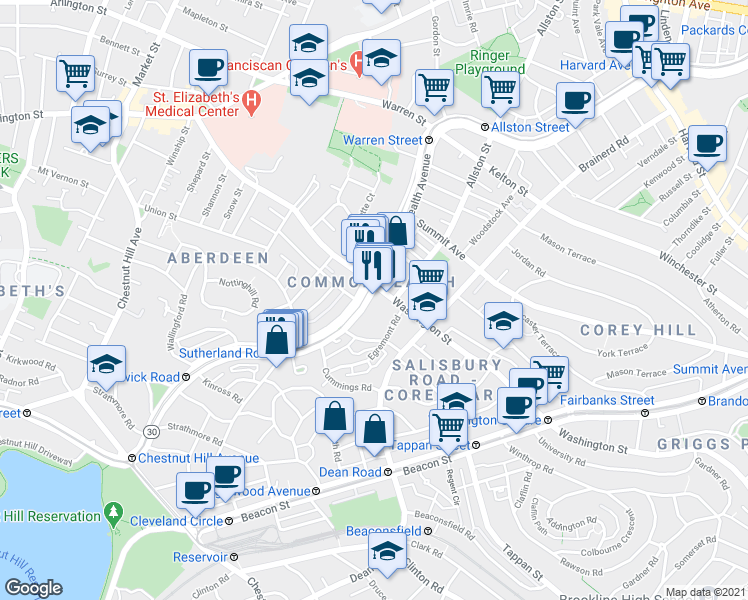 map of restaurants, bars, coffee shops, grocery stores, and more near 1619 Commonwealth Avenue in Boston