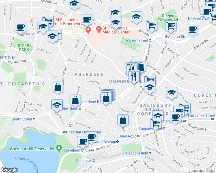 map of restaurants, bars, coffee shops, grocery stores, and more near 104 Euston Road in Boston