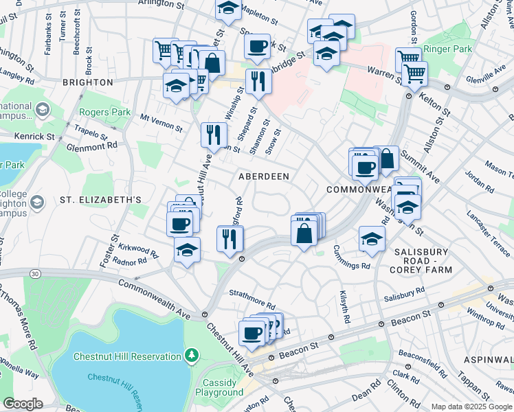 map of restaurants, bars, coffee shops, grocery stores, and more near 100 Nottinghill Road in Boston