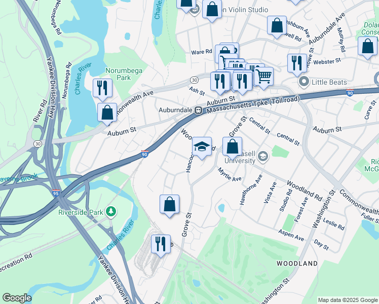 map of restaurants, bars, coffee shops, grocery stores, and more near 93 Hancock Street in Newton