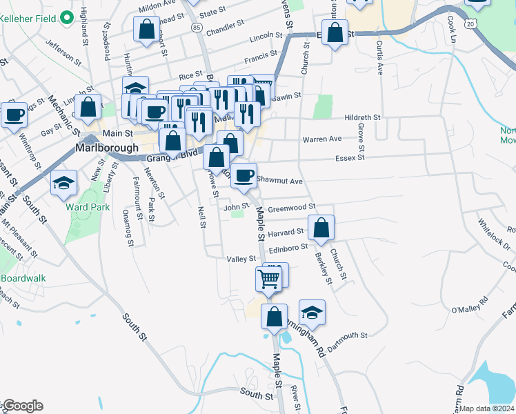 map of restaurants, bars, coffee shops, grocery stores, and more near 3 Greendale Avenue in Marlborough