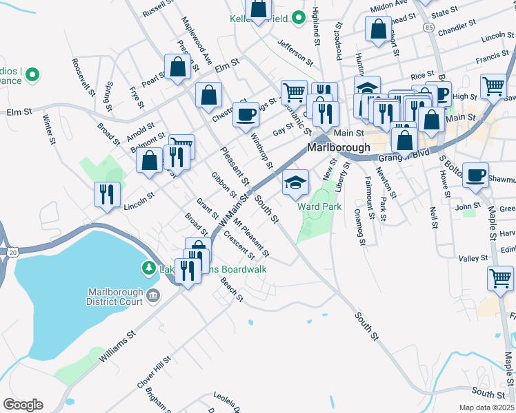 map of restaurants, bars, coffee shops, grocery stores, and more near 11 South Street in Marlborough
