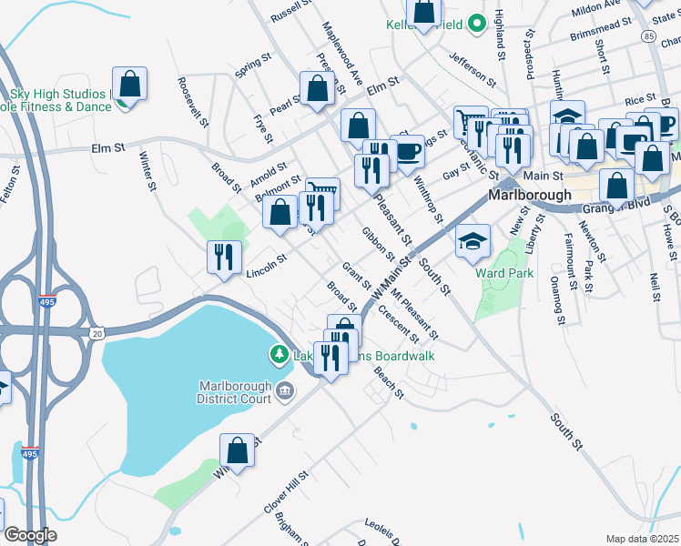 map of restaurants, bars, coffee shops, grocery stores, and more near 33 Grant Street in Marlborough
