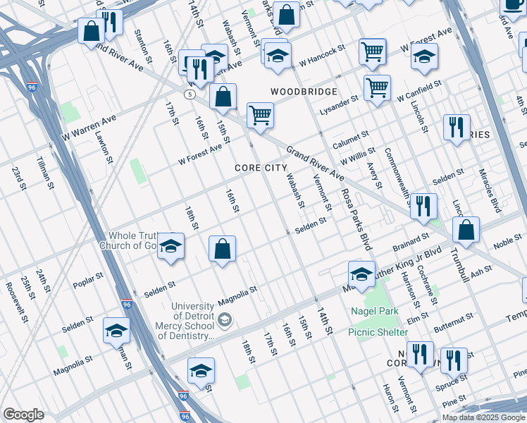 map of restaurants, bars, coffee shops, grocery stores, and more near in Detroit