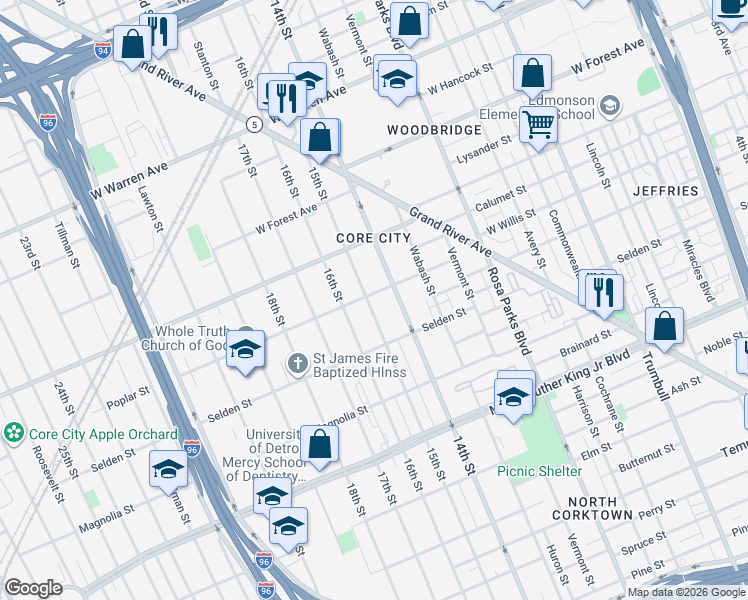 map of restaurants, bars, coffee shops, grocery stores, and more near 4217 15th Street in Detroit