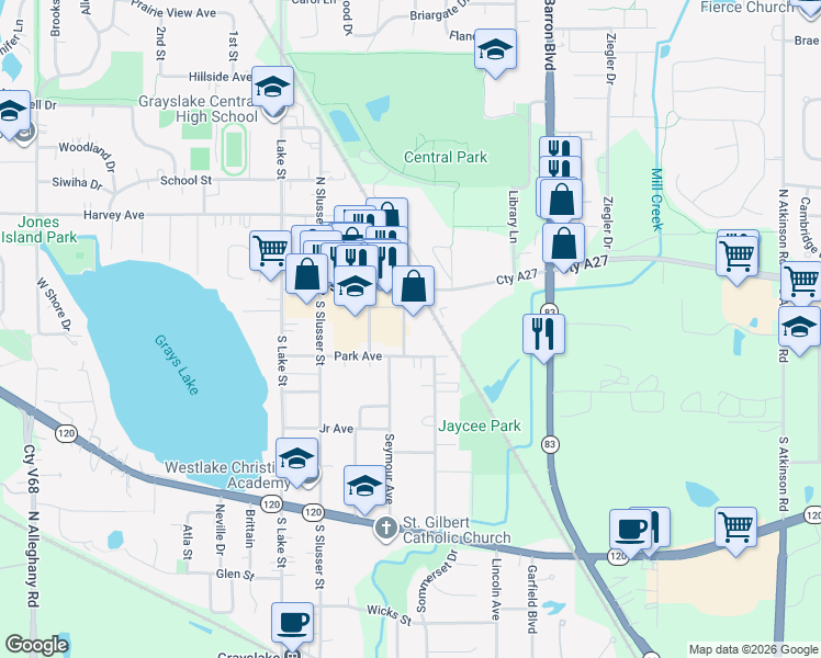 map of restaurants, bars, coffee shops, grocery stores, and more near 31 Seymour Avenue in Grayslake