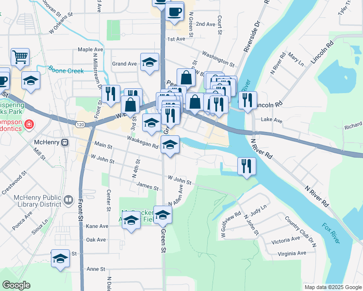 map of restaurants, bars, coffee shops, grocery stores, and more near 3516 Waukegan Road in McHenry